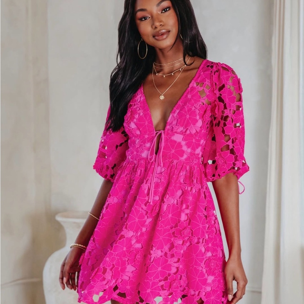 Influencer fave Hot Pink Lace Crochet Mini Dress - Picture 2 of 10